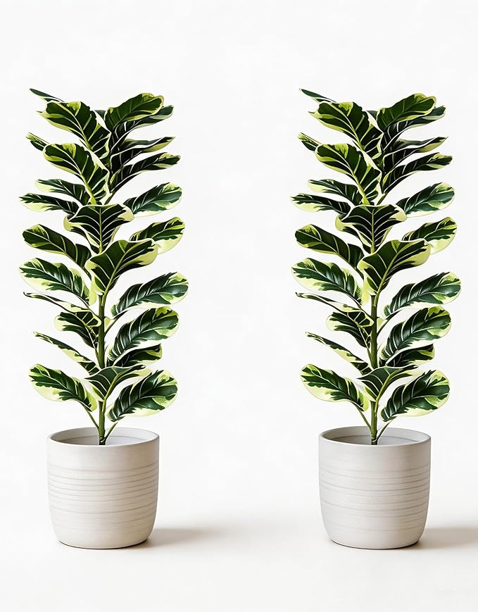 Set of 2 Fiddle Leaf Fig Tree 40'' Fake Tree Plants Artificial Decor with Green Artificial Turf Artificial Indoor Plants Small Fake Plants for Office Bathroom Bedroom Living Room(Variegated)