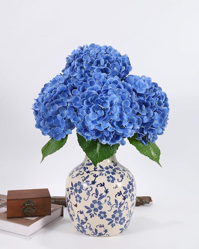 DuHouse 3Pcs Hydrangea Artificial Flowers,Latex Real Touch Hydrangeas with Long Stems & Leaves for Home Decor Party Floral Arrangements Wedding Bouquets Centerpieces(Dark Blue)