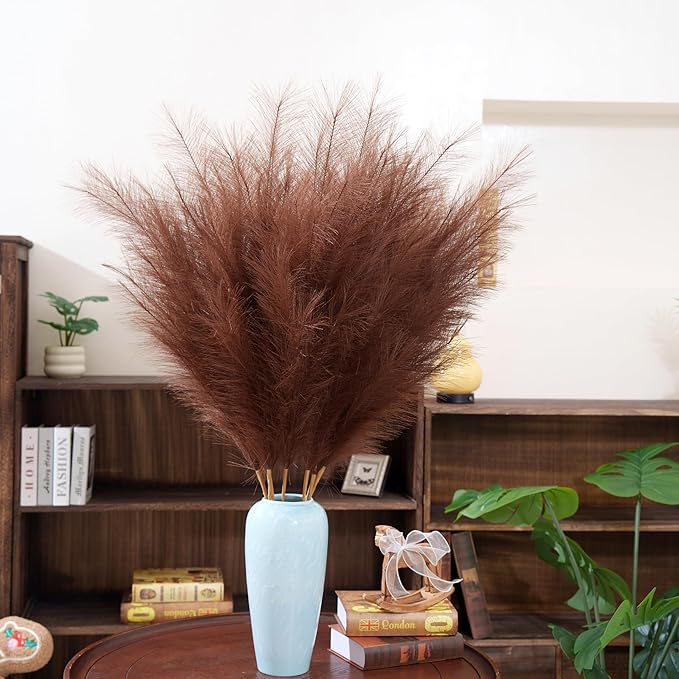 Premium Faux Brown Pampas Grass – 43.3" Tall Fluffy Decor, 8pcs 18-Branch One-Piece Stems No Assembly, Luxury Silk-Feel Feather Flowers for Boho Rustic Modern Home Decor (Cocoa Brown, 8 Stems / 110cm)