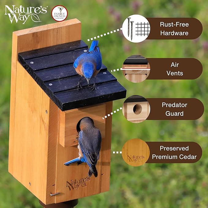 Nature’s Way Cedar Bluebird House for Outdoor Nesting, Predator Guard, Ventilated Design & Easy Access Clean-Out Panel, Natural Wood