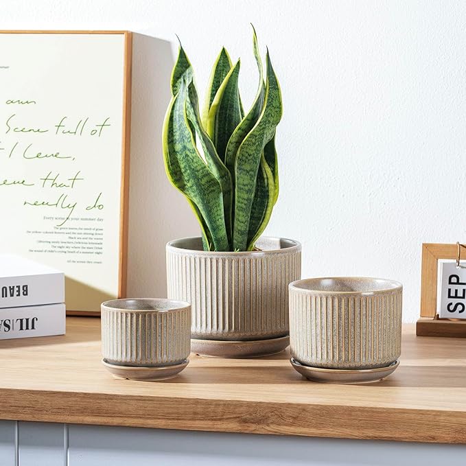 Speckle Gray Ceramic Plant Pots Set of 3, 4.3+5.5+6.7 Inch Indoor Flower Pot with Drainage Hole & Saucer & Hole Pads, Striped Decorative Planter Set for Indoor Plants, Gardening Pots & Accessories