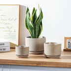 Speckle Gray Ceramic Plant Pots Set of 3, 4.3+5.5+6.7 Inch Indoor Flower Pot with Drainage Hole & Saucer & Hole Pads, Striped Decorative Planter Set for Indoor Plants, Gardening Pots & Accessories