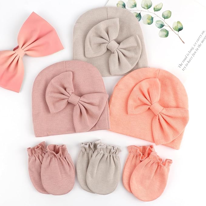 BQUBO Newborn Baby Girls Hats Mittens Set Hospital Hat Beanie Infant Bow Hats Baby Cotton Gloves for 0-6 Months
