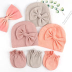 BQUBO Newborn Baby Girls Hats Mittens Set Hospital Hat Beanie Infant Bow Hats Baby Cotton Gloves for 0-6 Months