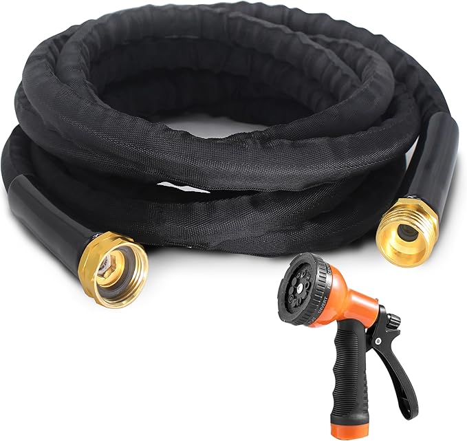 25FT Garden Hose Flexible and No-Kink, with Solid Brass Fittings, Puncture Proof, All-Weather Water Hose for Car Washing, Lawn Watering and Outdoor Cleaning(Black,25FT)