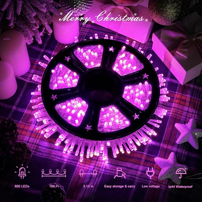 JMEXSUSS Pink Christmas String Lights 600 LED 168ft Remote Timer Clear Wire Pink Fairy Lights for Romantic Dinner Bedroom Tree Outdoor Patio Wedding Party Christmas Room Decor
