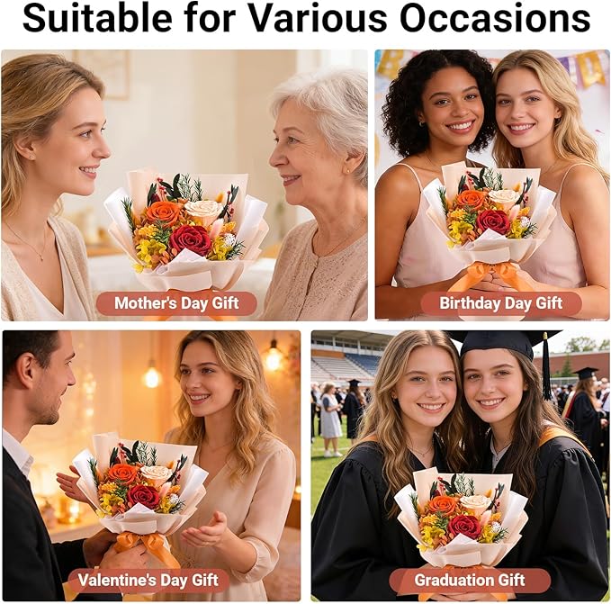 Gnifot Preserved Flowers Bouquet, Flowers for Delivery,Handmade Orange Rose Bouquets Lasting 3-5 Years, Luxury Gift Box,Birthday Flowers Gifts for Women Mom Grandma Wife Friends