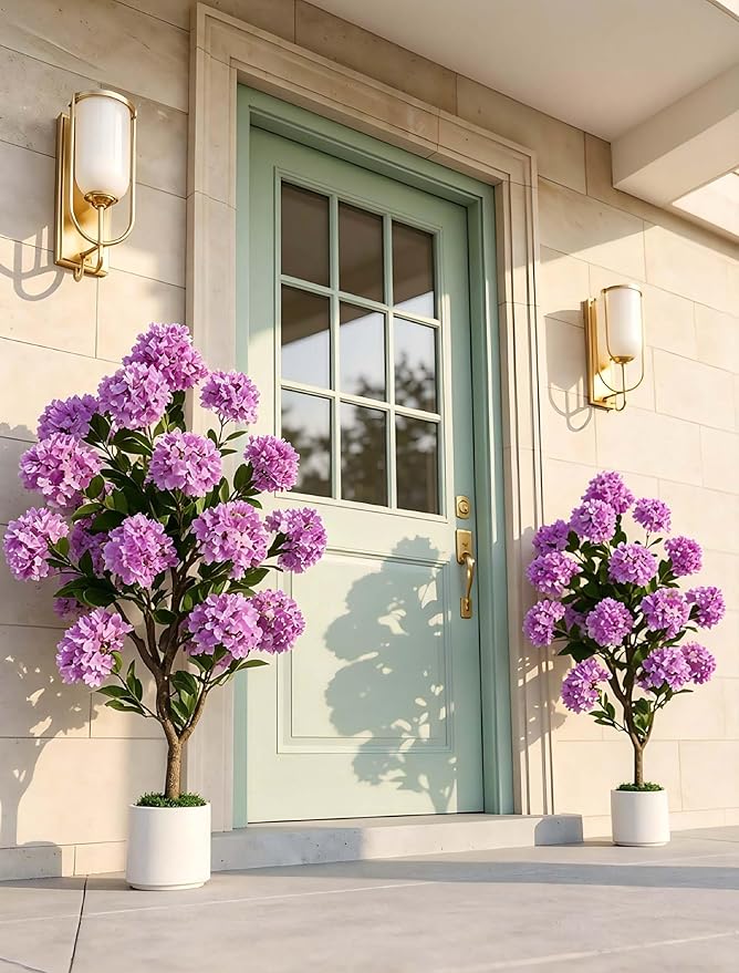Artificial Flower Tree for Outdoor: 3.6ft Fake Crape Myrtle Tree Set of 2 for Front Porch Door Indoor Decor - Purple Realistic Silk Plant with Pot for Home Living Room Patio Decorations