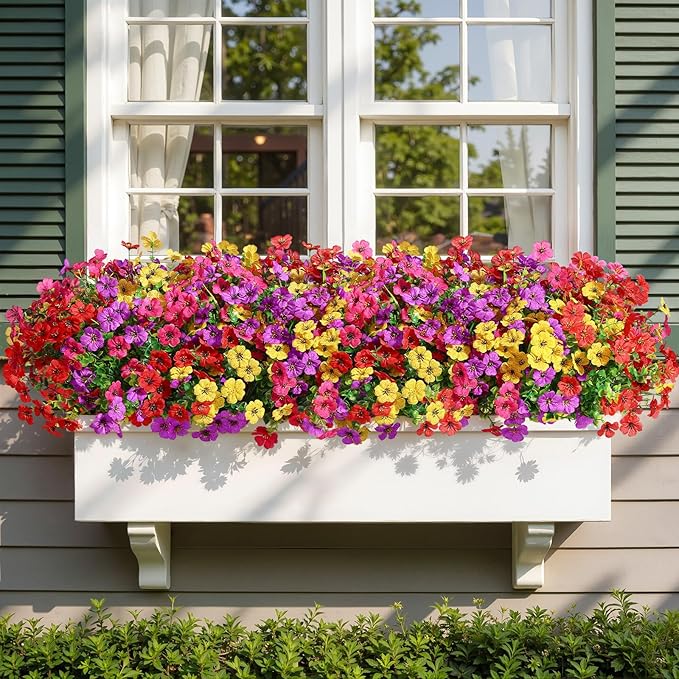 Alupssuc 32 Bundles Artificial Flowers for Outdoors Decoration, UV Resistant Silk Faux Daisy Flora Spring Fake Plastic Plants Greenery for Outside Indoor Yard Home Porch Window Box Decor, Mix 4 Colors