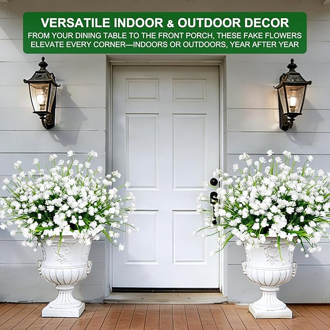 12 Bundles Artificial Flowers for Outdoors Summer Decor, Realistic UV Resistant Fake Plants Faux Plastic Flowers for Outside Planter Home Gardens Patio Porch Yards Spring Cemetery Decor(White)
