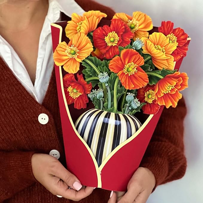 Freshcut Paper Pop Up Cards, French Poppies, 12 Inch Life Sized Forever Flower Bouquet 3D Popup Greeting Card, Birthday Cards, Thank You Card, Blank Notecard & Envelope