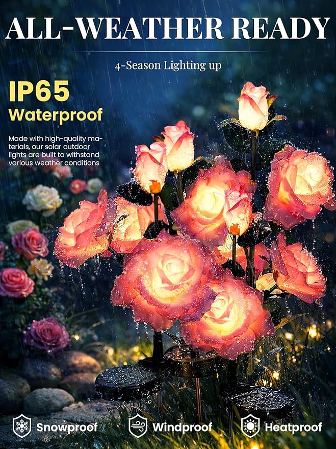 GIGALUMI Solar Lights Outdoor for Garden Decor, 3 Pack Solar Flower Lights Waterproof, 2 Lighting Modes 9 Roses for Pathway,Yard, Patio Decoration, Gardening Gifts for Women (Pink)
