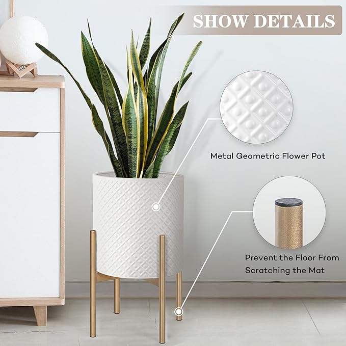 Oakrain Mid Century Planters for Indoor Plants, Metal Plant Set of 2, Modern Decorative Plant Pots for Living Room, Garden, Balcony, Cream White Planters with Glod Plant Stands, 10" & 12"