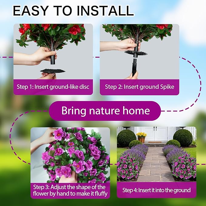 Artificial Flowers for Outdoors, Faux Outdoor Plants Fake Plants Topiary Balls Artificial Outdoor Set of 2 with Ground Spike for Home Front Porch Patio Garden Decor (Rose Purple)