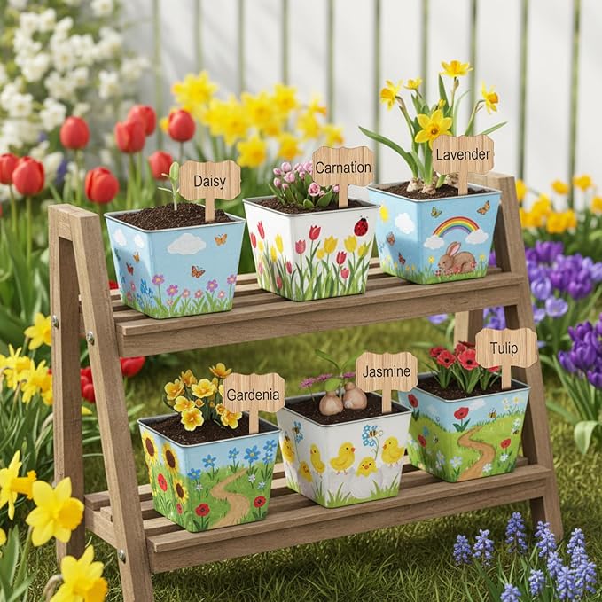 6 Sets Garden Flower Pots Crafts Kit DIY Spring Stainless Steel Pots with Acrylic Paint Stickers Brushes Plant Labels Gardening Tools Kit for Planting Crafts Spring Birthday Easter Gift