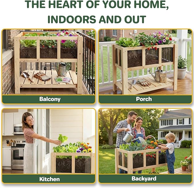 Raised Garden Bed for Small Balcony, 28.3''x16.3''x23.6'' Wood Planter Box with Transparent Window, Drainage Holes, Storage Shelf, Garden Beds Flower Stand Patio Kitchen, Gift for Gardening