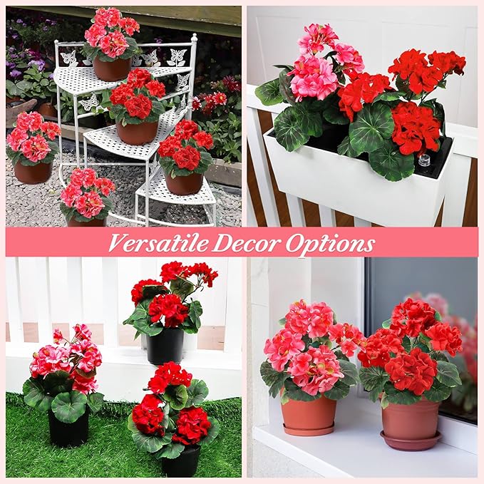 TURNMEON 2 Pack Artificial Geranium Fake Flowers for Outdoors Spring Summer Decor, Silk Geraniums Flowers UV Resistant Faux Flower Potted Plants for Gardens Farmhouse Indoor Home Table Decor (Mixed)