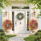 Alupssuc 2Pcs 20" Artificial Topiary Ball Flowers, Spring Outdoor Decoration with Spike, UV Resistant Faux Summer Plants, Faux Bushes Plants, Red Purple Yellow Orange for Garden, Porch Decor