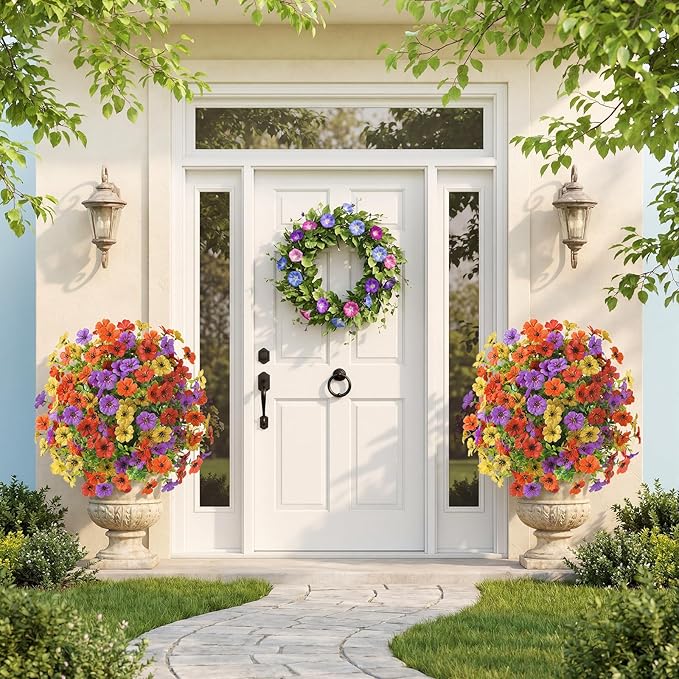 Alupssuc 2Pcs 20" Artificial Topiary Ball Flowers, Spring Outdoor Decoration with Spike, UV Resistant Faux Summer Plants, Faux Bushes Plants, Red Purple Yellow Orange for Garden, Porch Decor