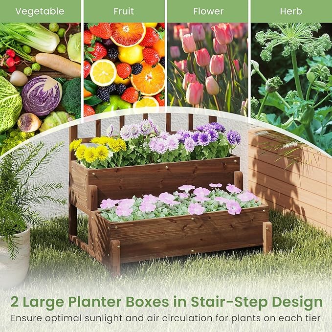 Byroce Outdoor Raised Garden Bed, Garden Planter Box with Lattice Trellis, Legs & Drainage Hole, 2-Tier Standing Elevated Planter for Flower, Fruit, Vegetable & Climbing Plants in Patio, Balcony (2)