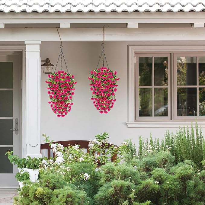 8 Pcs Fake Outdoor Artificial Flowers For Outdoors Uv Resistant, Plastic Flowers For Outdoors, Fake Hanging Plants Faux Flowers For Outdoor Planters, Silk Spring Flowers For Outside Porch（Rose Red）