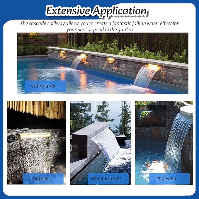 Stainless Steel Waterfall Spillway for Fish Ponds & Pool Fountains, 25cm Wide Outlet with PVC Connector, Durable Silver Finish for Garden Water Features & Landscaping