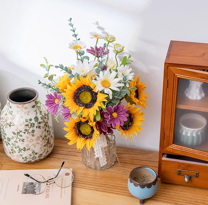 Artificial Faux Flowers in Vase for Home, Fake Flowers Arrangment with Pot, Sunflower Silk Daisy Bouquet for Fall Spring & Summer Decor Coffee Table Dinning Room Kitchen Centerpiece Table Decorations