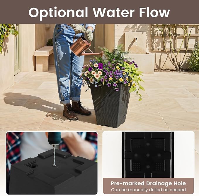 Giantex Square Taper Planter Set of 2, 10"x10"x14" Self-Watering Flower Pots with/Removable Inner Bucket & Drainage Holes, Indoor Outdoor Decorative Plant Container for Porch Balcony, Black