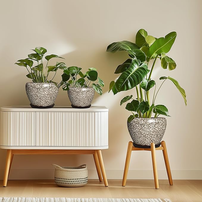 6 Inch Pots for Plants - Ceramic Plant Pots with Drainage Hole and Saucer, Round Planters for Indoor Plants Outdoor, Decorative Planter, Home Decor, Gifts for Plant Lovers, White Leopard