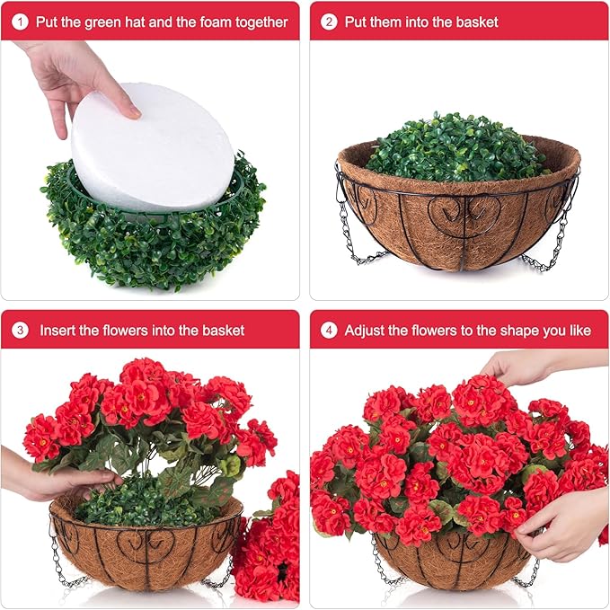 INSPRING Geraniums Artificial Flowers Hanging Basket for Outdoors Outside Spring Decoration, 8 Bundles Silk Flowers Fake Plants Look Real UV Resistant for Porch Home Patio Balcony Yard, Red