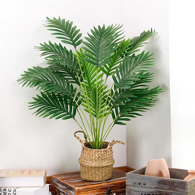 Der Rose Fake Palm Tree 28Inch Faux Plant Potted Tall Fake Plant with Hand-Woven Baskets Artificial Tree for Indoor Outdoor Home Office Bedroom Porch Balcony Decor