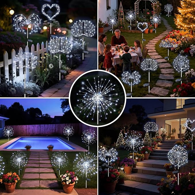 btfarm 1 Pack Solar Garden Lights Outdoor, 8 Modes Firework Lights Solar Powered, Waterproof Twinkle Fairy Light Outside for Yard Patio Pathway Pool Christmas Party Decorative, Cool White