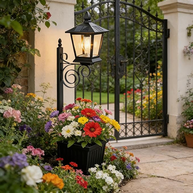 Solar Lamp Post with Planter, 2-in-1 Outdoor Solar Light with Built-in Planter Box, Waterproof Solar Powered Pathway Lamp for Garden Patio, Auto On/Off Warm White Light for Front/Back Door (Black 1pc)