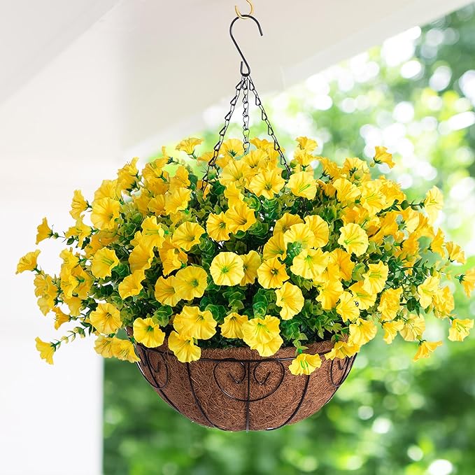 Artificial Fake Hanging Flowers Plants Baskets for Spring Outdoors Decor, Faux Silk Morning Glory in Planter UV Resistant Realistic Outside Flowers for Outdoor Porch Patio Balcony Yard Home, Yellow