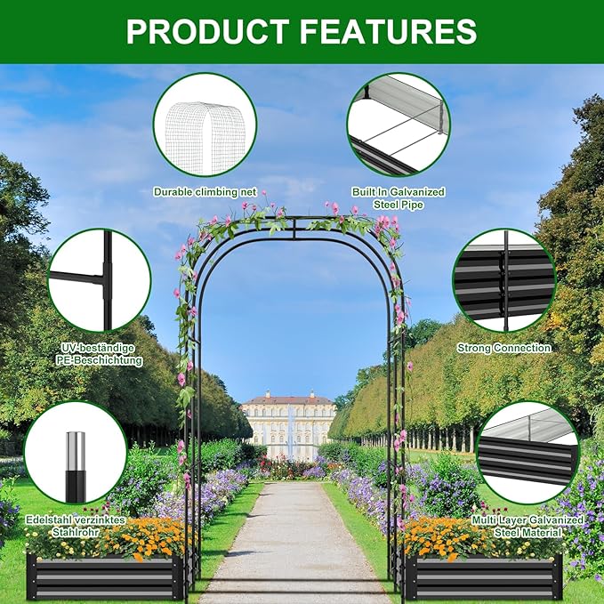 SUNYRISY Galvanized Raised Garden Bed with 87" H Arch Trellis for Climbing Plants Outdoor, Large Metal Planter Box with Netting for Gardening Flowers Vegetables Fruit, Black