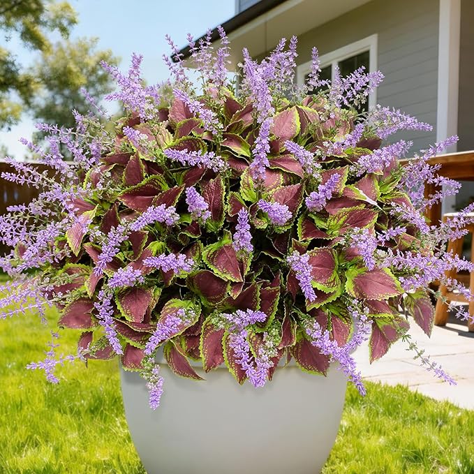 12 Bundles Artificial Coleus Flowers | UV Resistant No Fade Silk Faux Plants | Spring Summer Outdoor Fake Greenery for Garden Patio Planters Front Porch Pathway Decor (Purple)