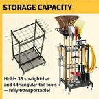 Garden Tool Organizer Rack with Wheels Up to 30-35 Tools, Heavy-Duty Steel Yard Tool Organizer for Garage Storage with 11 Hooks, Broom Holder & Garden Tool Rack for Shed, Patio, Lawn, Outdoor, Black