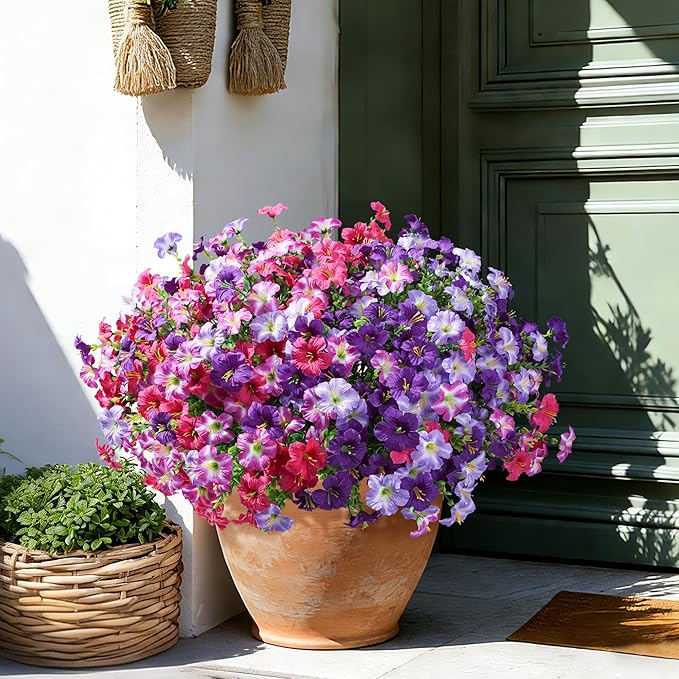 Artificial Flowers for Outdoors Decoration, 20 Bundles Fuchsia Faux Morning Glory with Eucalyptus Look Real UV Resistant Fake Plants Silk Flowers for Outside Yard Gardens Porch Patio Planter Home Urn