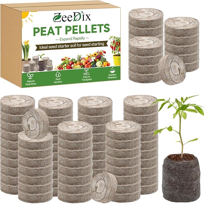 ZeeDix 100 Pcs (40mm) Peat Pellet Fiber Soil Plant Seed Starters - Seed Starter Pellets Pods Compressed Peat Pellets for Grow Herbs, Plant, Flowers and Vegetables