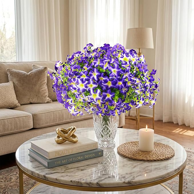 Daynight 16 Pcs Faux Petunias Artificial Flowers for Outdoors, UV Resistant Fake Purple Petunias Plants Realistic Silk Flowers for Porch Front Door Garden Window Outside Decor (16, Purple)