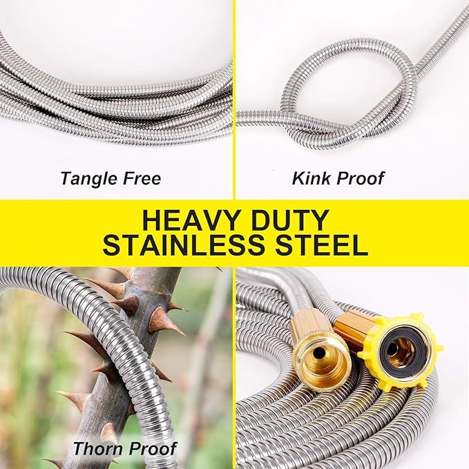 FOXEASE Metal Garden Hose 25FT- Stainless Steel Heavy Duty Water Hose with Solid Metal Nozzle &8 Function Sprayer, Portable & Lightweight Kink Free Yard Hose, Outdoor Hose