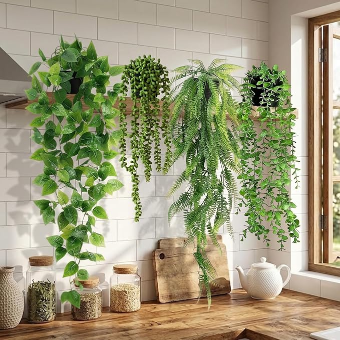 4 Pcs Artificial Hanging Plants with Pots - Realistic Fake Eucalyptus & Ivy Vine Potted Plants for Bathroom Shelf Decor - Faux Greenery Aesthetic for Office Desk, Bookshelf (Indoor & Outdoor)