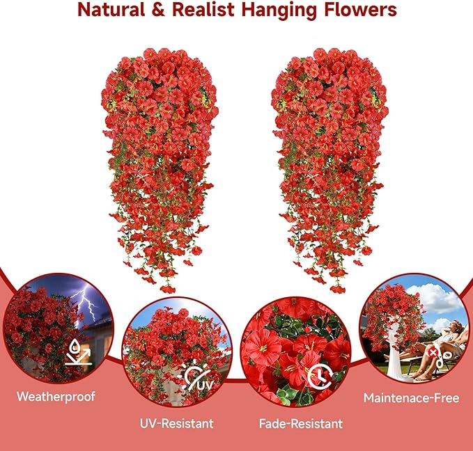 Artificial Hanging Flowers for Outdoors, 2 PCS 300 Blooms UV Resistant Morning Glory Faux Silk Vines, No-Odor Realistic Fake Plants for Garden Planter Porch Patio Decoration, Red