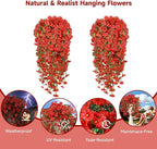 Artificial Hanging Flowers for Outdoors, 2 PCS 300 Blooms UV Resistant Morning Glory Faux Silk Vines, No-Odor Realistic Fake Plants for Garden Planter Porch Patio Decoration, Red