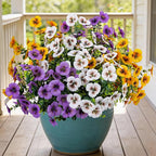17 Inch Artificial Faux Pansy Flowers for Outdoor,Fake Pansies Flowers with Eucalyptus Leaves Fake Plants Greenery Boxwood Porch Patio Decor 6 Bundles(Light Purple,Dark Yellow,White)