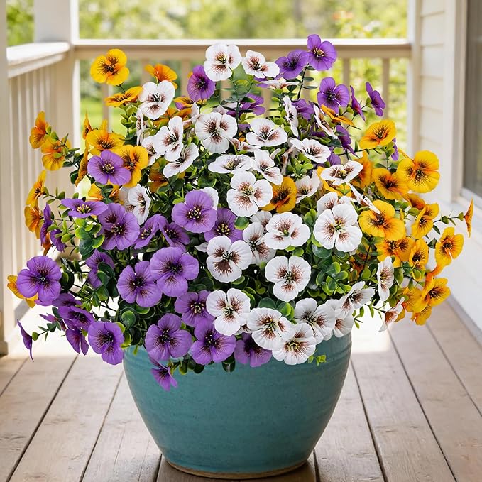 17 Inch Artificial Faux Pansy Flowers for Outdoor,Fake Pansies Flowers with Eucalyptus Leaves Fake Plants Greenery Boxwood Porch Patio Decor 6 Bundles(Light Purple,Dark Yellow,White)