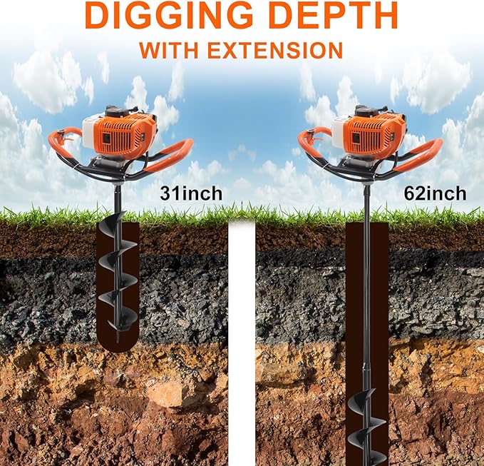 62CC Auger Post Hole Digger, 2 Stroke Gas Powered Earth Post Hole Digger with 3 Auger Drill Bits(4" & 6" & 12") + 2 Extension Rods for Farm Garden Plant, Orange (62cc+3 Auger(4"6"12")+2 Ext)