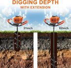 62CC Auger Post Hole Digger, 2 Stroke Gas Powered Earth Post Hole Digger with 3 Auger Drill Bits(4" & 6" & 12") + 2 Extension Rods for Farm Garden Plant, Orange (62cc+3 Auger(4"6"12")+2 Ext)