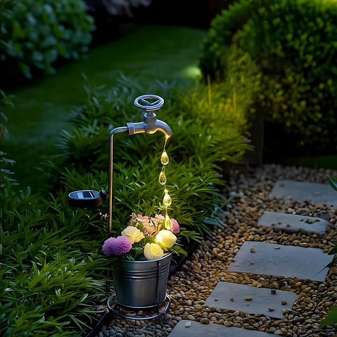 JIAJIAMEI Solar Water Faucet Bucket Lights Outdoor Garden Decor, Waterproof Vintage Decorations with LED Light for Yard Lawn Patio Pathway