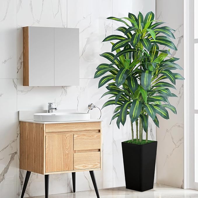 6FT Artificial Dracaena Tree - High-Density Foliage Fake Plant with Black Tall Planter - Faux Yucca Floor Plant for Home Office Decor Indoor